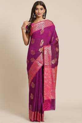Banarasi silk blend cotton saree in magenta  colour with zari work 1
