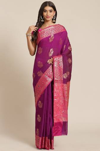 Banarasi semi silk cotton saree in magenta  colour with zari work