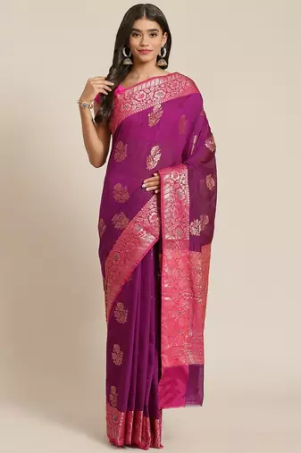 Banarasi semi silk cotton saree in magenta  colour with zari work