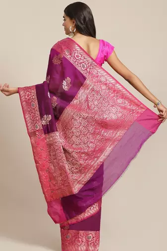 Banarasi silk blend cotton saree in magenta  colour with zari work