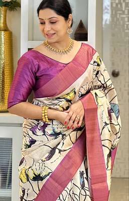 Soft tussar silk sarees with beautiful digital print attractive checks design saree  with tassels 2