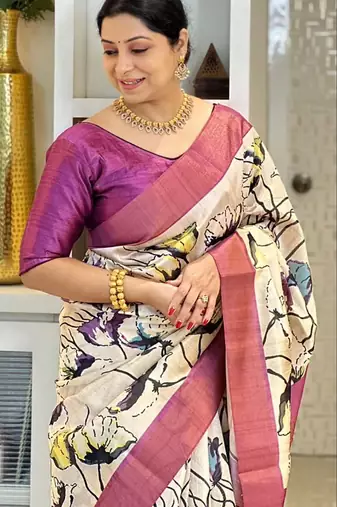 Soft tussar silk sarees with beautiful digital print attractive checks design saree  with tassels