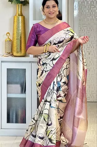Soft tussar silk sarees with beautiful digital print attractive checks design saree  with tassels