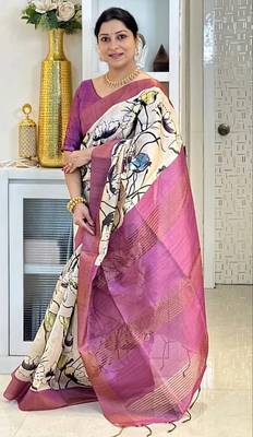 Soft tussar silk sarees with beautiful digital print attractive checks design saree  with tassels 4
