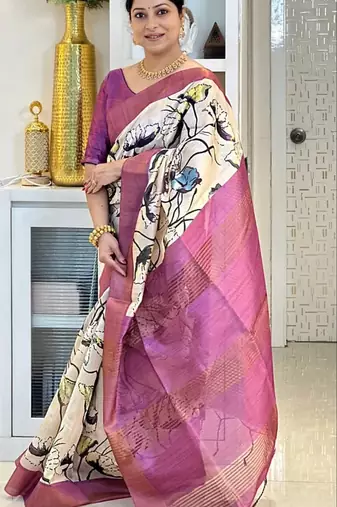 Soft tussar silk sarees with beautiful digital print attractive checks design saree  with tassels