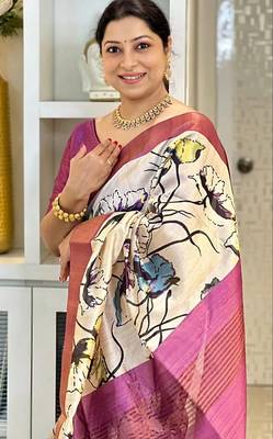 Soft tussar silk sarees with beautiful digital print attractive checks design saree  with tassels 5