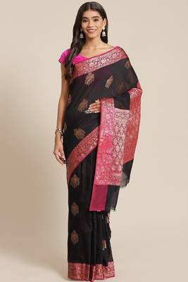 Banarasi silk blend cotton saree in black colour with zari work 1