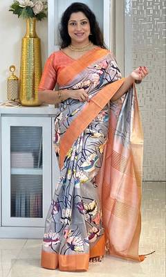 Soft tussar silk sarees with beautiful digital print attractive checks design saree  with tassels 1