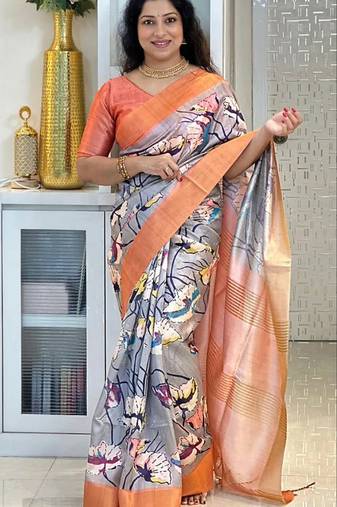 Soft tussar silk sarees with beautiful digital print attractive checks design saree  with tassels