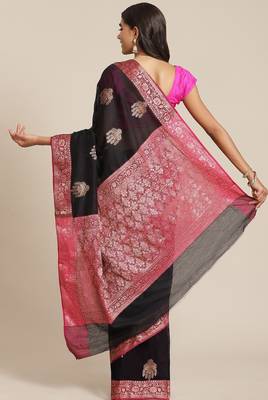 Banarasi silk blend cotton saree in black colour with zari work 2