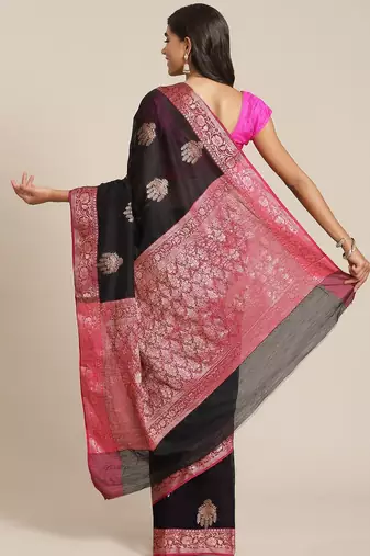 Banarasi silk blend cotton saree in black colour with zari work
