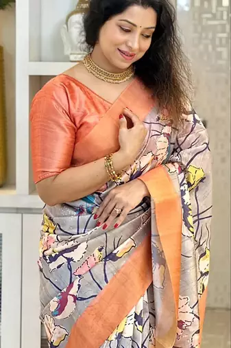 Soft tussar silk sarees with beautiful digital print attractive checks design saree  with tassels