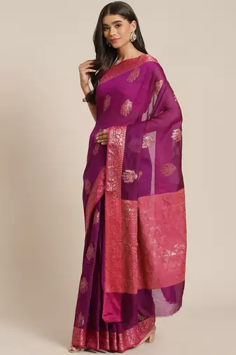 Banarasi semi silk cotton saree in magenta  colour with zari work