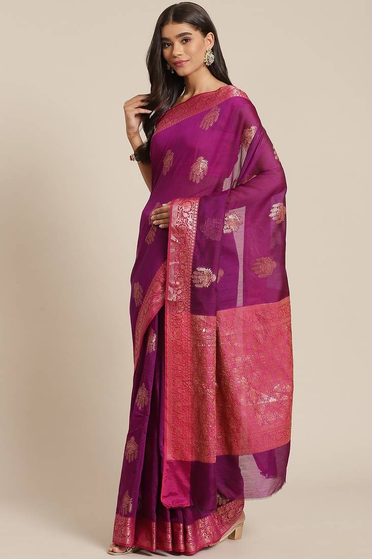 Banarasi silk blend cotton saree in magenta  colour with zari work
