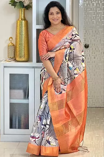 Soft tussar silk sarees with beautiful digital print attractive checks design saree  with tassels
