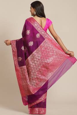 Banarasi silk blend cotton saree in magenta  colour with zari work 2
