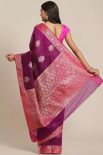 Banarasi silk blend cotton saree in magenta  colour with zari work