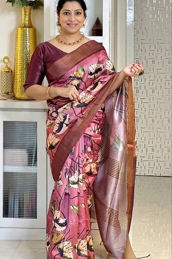 Soft tussar silk sarees with beautiful digital print attractive checks design saree  with tassels