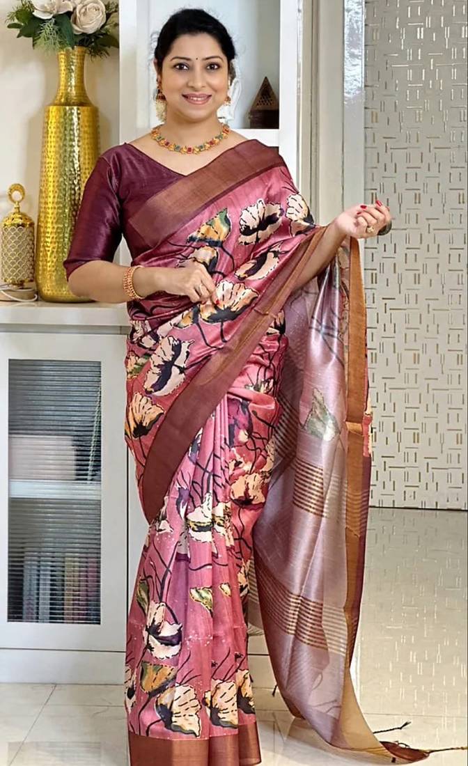 Soft tussar silk sarees with beautiful digital print attractive checks design saree  with tassels