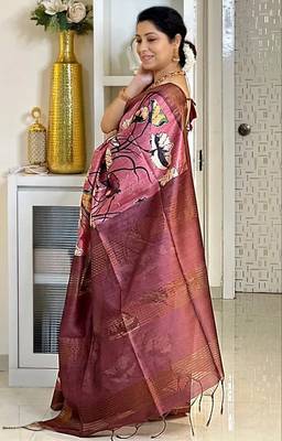 Soft tussar silk sarees with beautiful digital print attractive checks design saree  with tassels 2