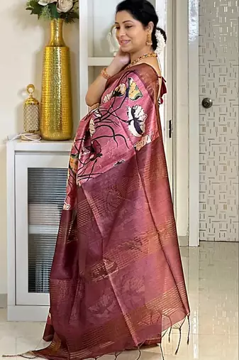 Soft tussar silk sarees with beautiful digital print attractive checks design saree  with tassels
