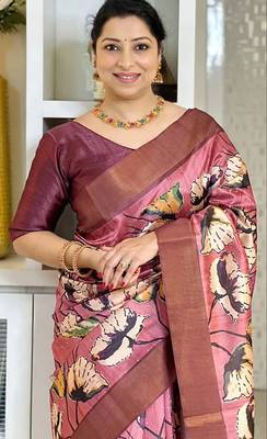 Soft tussar silk sarees with beautiful digital print attractive checks design saree  with tassels 3