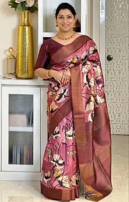 Soft tussar silk sarees with beautiful digital print attractive checks design saree  with tassels 5
