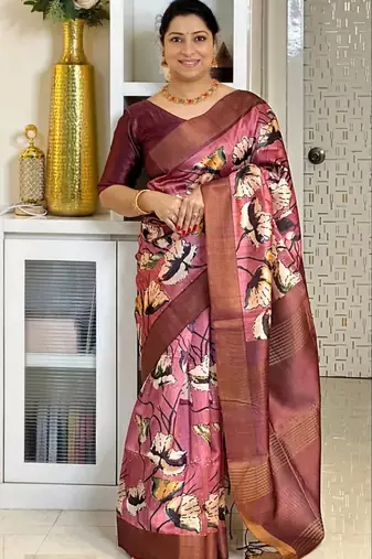 Soft tussar silk sarees with beautiful digital print attractive checks design saree  with tassels