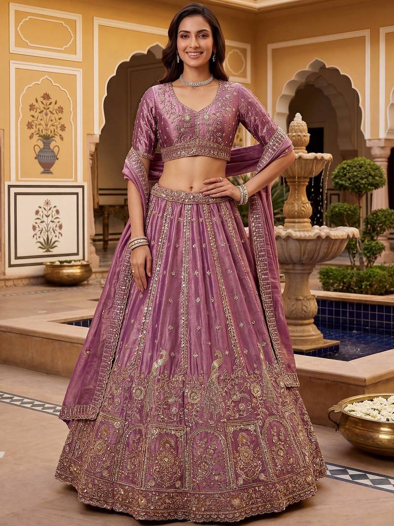 Precious Mauve Heavy Embroidered Silk Bridesmaid Lehenga Choli