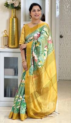 Soft tussar silk sarees with beautiful digital print attractive checks design saree  with tassels 1