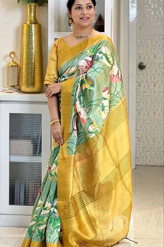 Soft tussar silk sarees with beautiful digital print attractive checks design saree  with tassels