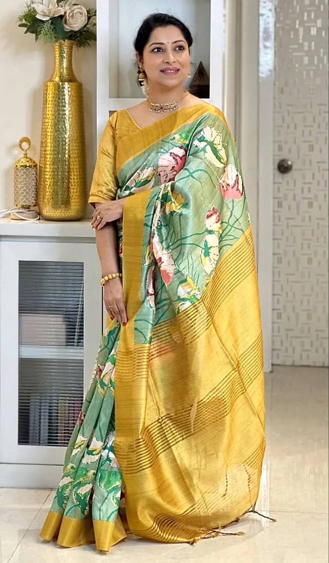 Soft tussar silk sarees with beautiful digital print attractive checks design saree  with tassels