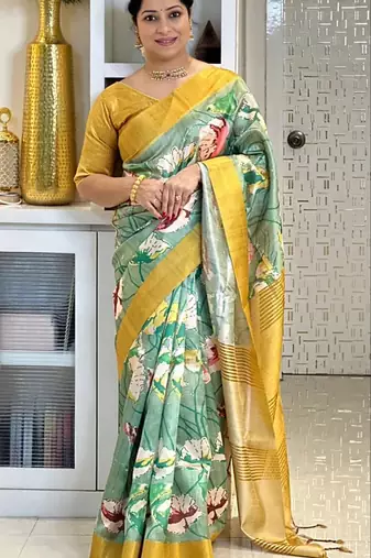 Soft tussar silk sarees with beautiful digital print attractive checks design saree  with tassels
