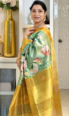 Soft tussar silk sarees with beautiful digital print attractive checks design saree  with tassels 3