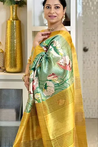 Soft tussar silk sarees with beautiful digital print attractive checks design saree  with tassels