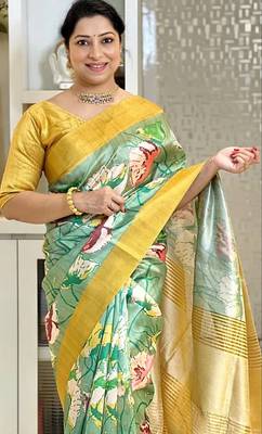 Soft tussar silk sarees with beautiful digital print attractive checks design saree  with tassels 4