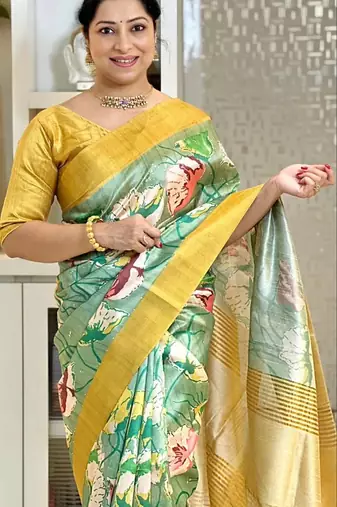 Soft tussar silk sarees with beautiful digital print attractive checks design saree  with tassels