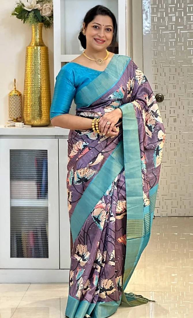 Soft tussar silk sarees with beautiful digital print attractive checks design saree  with tassels