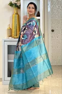 Soft tussar silk sarees with beautiful digital print attractive checks design saree  with tassels 2