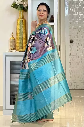 Soft tussar silk sarees with beautiful digital print attractive checks design saree  with tassels