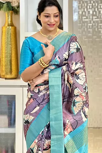Soft tussar silk sarees with beautiful digital print attractive checks design saree  with tassels