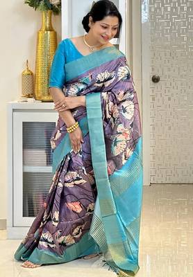 Soft tussar silk sarees with beautiful digital print attractive checks design saree  with tassels 4