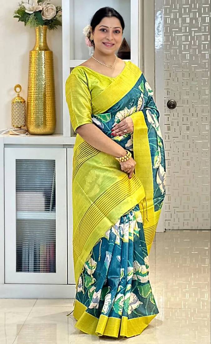 Soft tussar silk sarees with beautiful digital print attractive checks design saree  with tassels