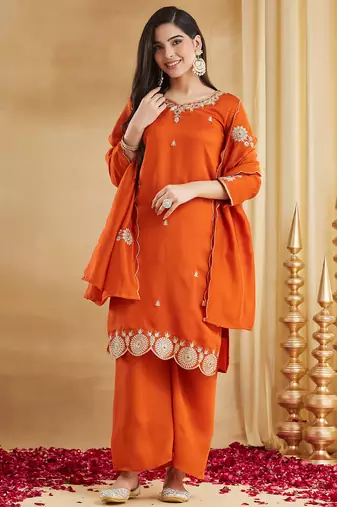 Women's Beautiful Embroidery Work Vichitra Silk Fabric Straight Kurta Palazzo and Dupatta Set