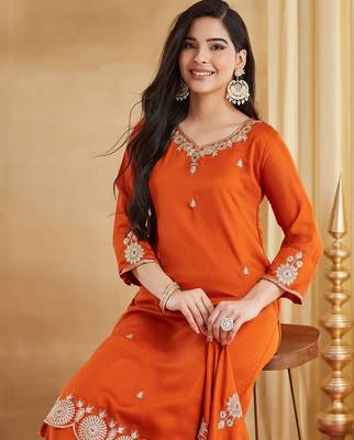 Women's Beautiful Embroidery Work Vichitra Silk Fabric Straight Kurta Palazzo and Dupatta Set 2