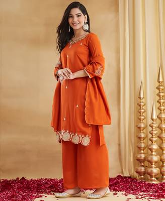Women's Beautiful Embroidery Work Vichitra Silk Fabric Straight Kurta Palazzo and Dupatta Set 3