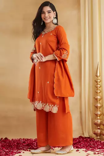Women's Beautiful Embroidery Work Vichitra Silk Fabric Straight Kurta Palazzo and Dupatta Set
