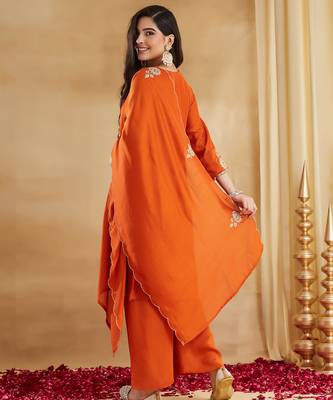 Women's Beautiful Embroidery Work Vichitra Silk Fabric Straight Kurta Palazzo and Dupatta Set 4