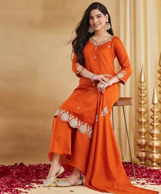 Women's Beautiful Embroidery Work Vichitra Silk Fabric Straight Kurta Palazzo and Dupatta Set 5