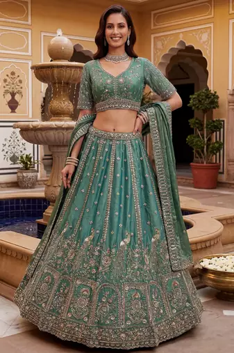 Beautiful Green Hand Embroidery Silk Lehenga Choli With Dupatta
